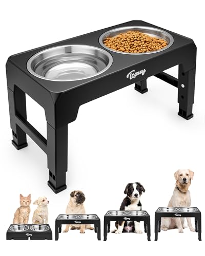 Toozey Hundenapf, Futternapf für Hunde, Höhenverstellbar, mit 2 Edelstahl-Schüsseln von 1200 ml, Hundenapf Erhöht für Mittelgroße und Große Hunde, 4 Höhenverstellbare Fütterung, Schwarz von Toozey