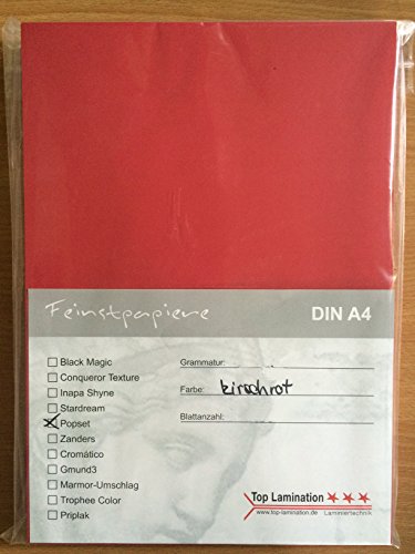 25 Blatt DIN A3 kirsch-rotes Papier 120g/m² komplett durchgefärbt, für Einladungen, Hochzeitskarten, Poster, Plakate, Bastelarbeiten von Top Lamination Laminiertechnik