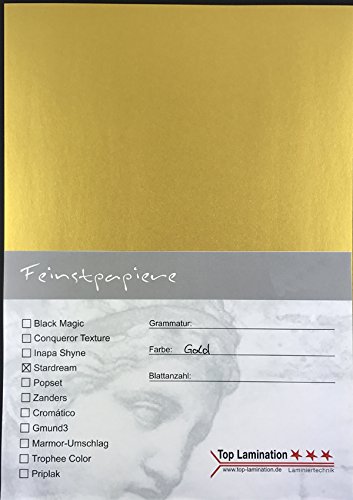 25 Blatt DIN A4 gold glänzendes Papier 285g/m² komplett durchgefärbt metallisch von Top Lamination Laminiertechnik