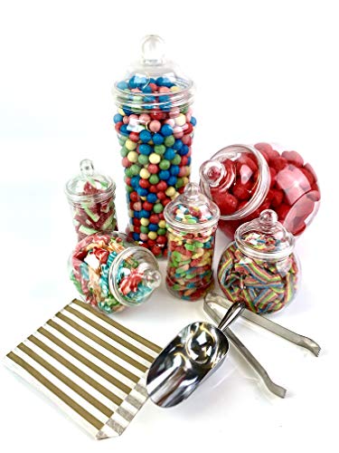 Plastikbehälter für Süßigkeiten im viktorianischen Stil- 6 x Kunststoffbehälter für Party-Display Partypackung mit Futterzange Essensschaufel und Gold Papiertüten von Top Star