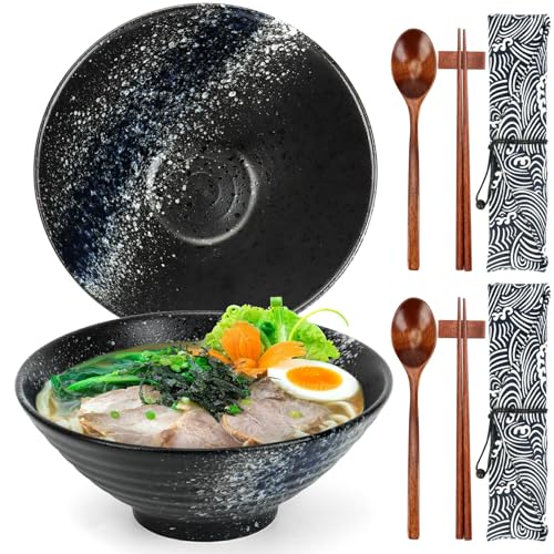 2er Set Ramenschüssel aus Keramik, Japanische Nudelschüsseln mit Stäbchen & Löffel für Ramen Suppe Pasta Obstsalat Reiskost, 1050 ml, 20cm groß, Einweihungsgeschenke (Mitternachtsblau) von Top-spring