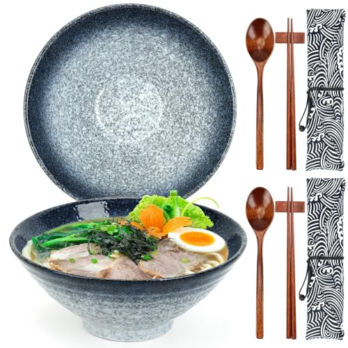 2er Set Ramenschüssel aus Keramik, Japanische Nudelschüsseln mit Stäbchen & Löffel für Ramen Suppe Pasta Obstsalat Reiskost - 1050 ml, 20cm groß - Einweihungsgeschenke (Ocean Mist) von Top-spring