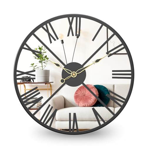 TopCity Runde verspiegelte Wanduhr, 30,5 cm, geräuschlos, nicht tickend, dekorative Spiegeluhren mit römischen Ziffern, moderne Retro-Metallrahmen-Uhr für Schlafzimmer, Wohnzimmer, Küche, Büro von TopCity