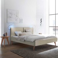 Doppel Bett Stoff Beige im Skandi Design Vierfußgestell aus Holz von TopDesign
