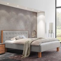 Doppel Bett gepolstert in Grau und Kernbuche Vierfußgestell aus Holz von TopDesign