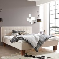 Franzoesisches Bett Beige Stoff im Skandi Design Vierfußgestell aus Holz von TopDesign