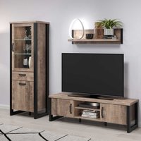 TV Wohnwand Industrial in Eiche dunkel & Schwarz 195 cm hoch (dreiteilig) von TopDesign