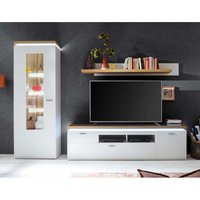 TV Wohnwand in Weiß und Wildeiche Optik LED Beleuchtung (dreiteilig) von TopDesign