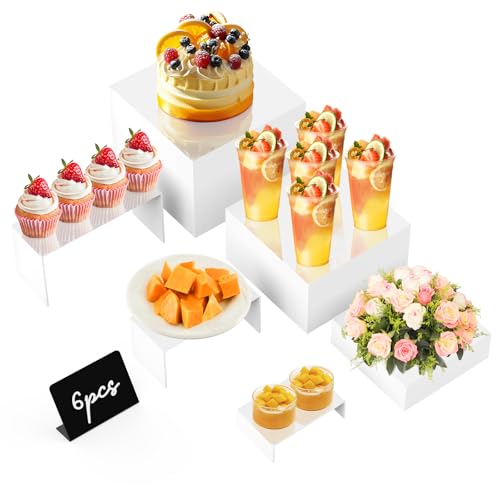 6 Stück Buffet Riser Acryl Ständer für Präsentation, Weiße Displayständer mit 6 Set mini Buffet Schilder Tabletop Display Riser für Cupcakes Collectibles Schmuck Figuren von TopDirect