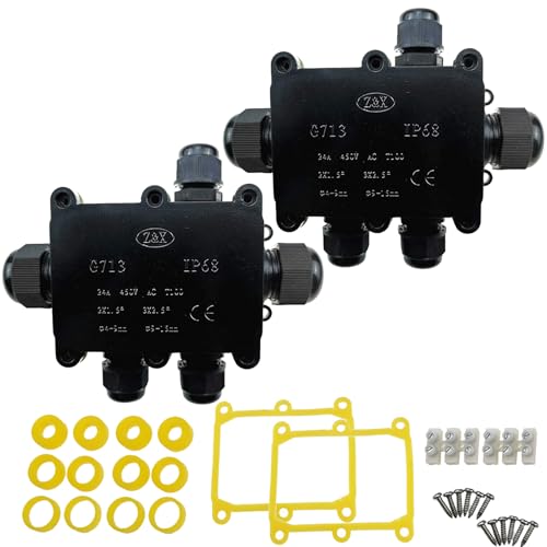 2 Stück Abzweigdose Wasserdichte IP68, 5 Wege Verteilerdose Klemmdose Abzweigdosen Kabelverbinder Erdkabel Klemmdose für 4mm-15mm Kabeldurchmesser, Schwarz von TopHomer