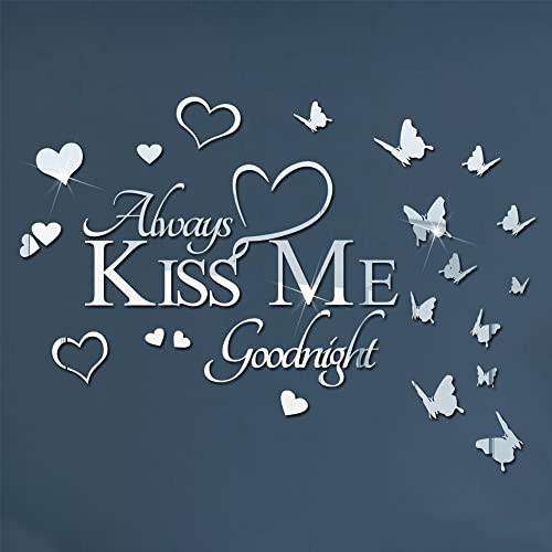 3D Acryl Spiegel Wandaufkleber mit Schmetterlingen und Herzform, KISS ME Goodnight Zitate Wandtattoo, abnehmbare Wanddekoration für Dekoration zu Hause, Wohnzimmer, Schlafzimmer von TopHomer