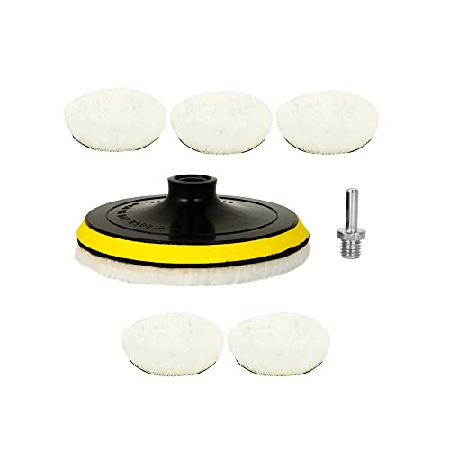5tlg 75mm Polierpads Klettverschluss Lammfell Pad Auto Polierhaube Polieren polierscheibe Polierset Polierteller Set mit M10 Bohrer Adapter Für Wachsen Schwabbeln Reinigen von TopHomer