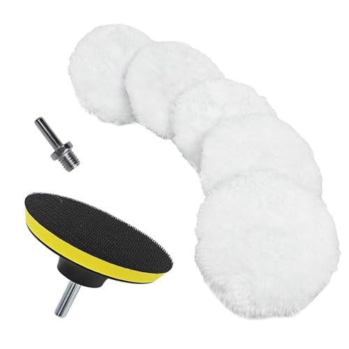 7 Stück ø 75mm Polierpads Lammfell pad Polieren polierscheibe Polierset Set mit Klett pad + M10 Bohrer Adapter Wolle Polierhaube Lammwolle Polierfell für Auto poliermaschine von TopHomer