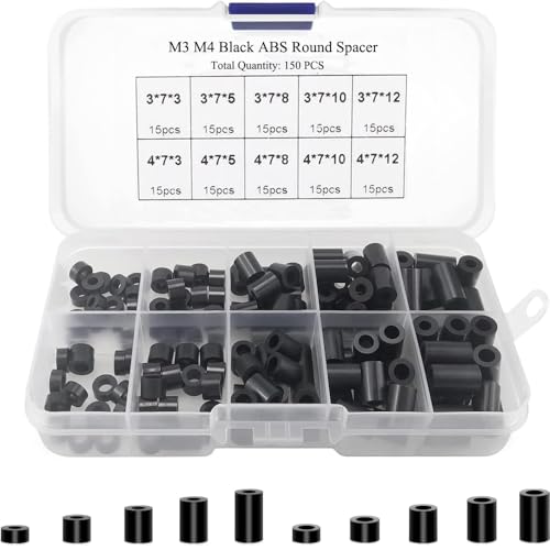 Schwarz 150 PCS ABS isolierte Säulenabstandshalter, Kunststoffhülse und Kissen, gewindeloser Kunststoffabstand für M3/M4 Schrauben, für 3D-Drucker, TV-Halterungen von TopHomer
