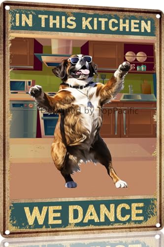TopPacific Saint-Bernard 15055 Vintage-Blechschild Hund in dieser Küche, We Dance, Metallkunst, Wandschild, Dekor, Wandpaneel, Retro, 30,5 x 20,3 cm, für Küche für Männer und Frauen, Geschenk TopPacific Saint-Bernard 15055 Vintage-Blechschild Hund in dieser Küche, We Dance, Metallkunst, Wandschild, Dekor, Wandpaneel, Retro, 30,5 x 20,3 cm, für Küche für Männer und Frauen, Geschenk von TopPacific