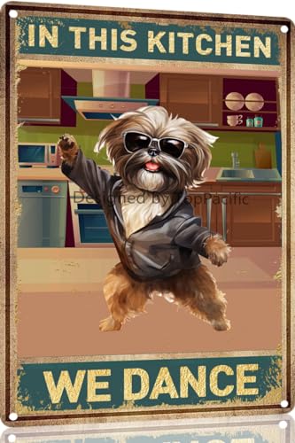 TopPacific Shih Tzu Vintage-Blechschild "Dog in This Kitchen We Dance", Metallkunst, Wandschild, Dekor, Wandpaneel, Retro, 30,5 x 20,3 cm, für Küche für Männer und Frauen, Geschenk (15046) von TopPacific