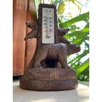 Antikes Schwarzwald Bär Thermometer, 19. Schweiz -Geneve Holz Geschnitzt Selten von TopSpice