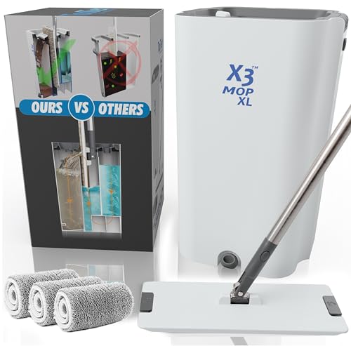 X3 Mop XL, trennt schmutziges und sauberes Wasser, 3-Kammer-Design, flacher Wischmopp und Eimer-Set, freihändige Bodenreinigung zu Hause, 3 wiederverwendbare Mikrofaser-Mopp-Pads im Lieferumfang von TopTier Products