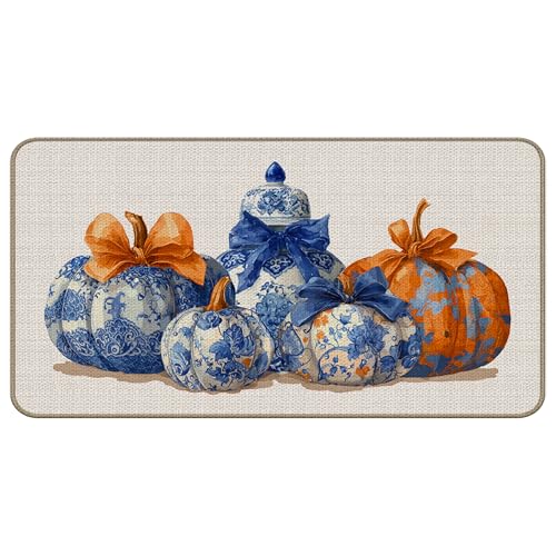 TopXmai Chinoiserie Fußmatte mit Herbst-Kürbis-Dekor, 43,2 x 76,2 cm, Blau und Weiß, Orange, Chinoiserie-Türmatte, für Innen- und Außenbereich TopXmai Chinoiserie Fußmatte mit Herbst-Kürbis-Dekor, 43,2 x 76,2 cm, Blau und Weiß, Orange, Chinoiserie-Türmatte, für Innen- und Außenbereich von TopXmai