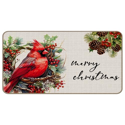 TopXmai Fußmatte mit rotem Kardinalmotiv, Weihnachts-Stechpalmen-Kranz, Winter, roter Vogel, Fußmatte für drinnen und draußen, Eingang, Weihnachten, Winter, Willkommensmatten für Haustür, 43,2 x 76,2 von TopXmai