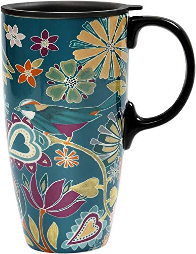 Topadorn CEDAR HOME Kaffeetasse aus Keramik, Porzellan, Latte, Teetasse mit Deckel, 500 ml, Floral Symphony, Blaugrün von Topadorn