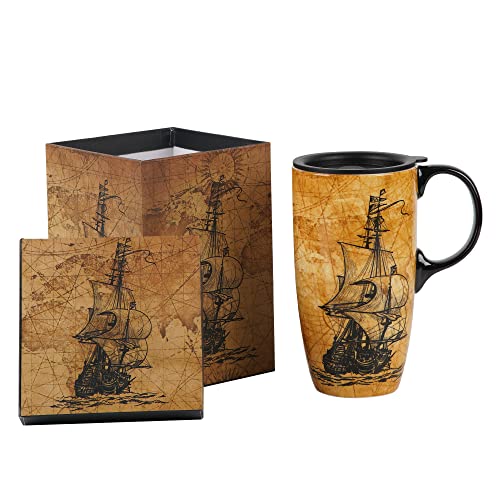 Topadorn Keramik-Kaffeetasse, Reisebecher, Geschenk mit Deckel, 500 ml, Porzellan, hohe Teetasse mit Griff für Zuhause und Büro, Vintage-Voyage & Segelboot, Kunst-Muster, Tasse mit Geschenk-Box, 16,5 von Topadorn