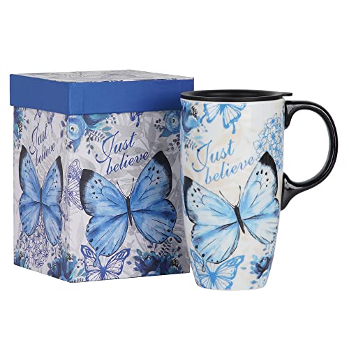Topadorn Keramiktasse mit Deckel und Geschenkbox, Latte-Tasse, Kaffeetasse, 500 ml, blauer Schmetterling von Topadorn