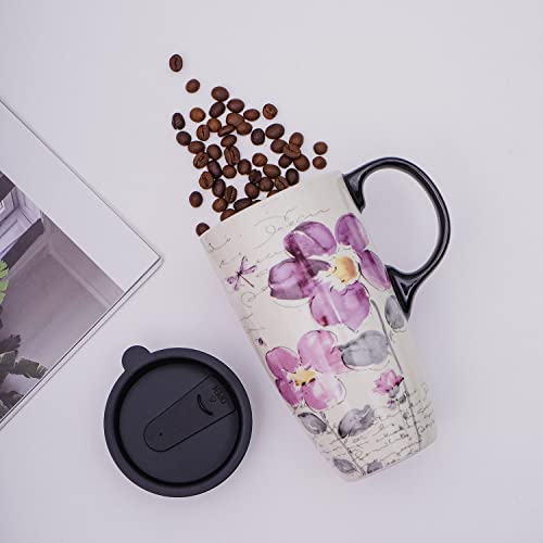 Topadorn Weihnachts-Keramik-Tasse, Kaffeetassen mit Deckel und Geschenkbox für Urlaubsparty, Latte-Tasse, 482 ml, lila Blume von Topadorn