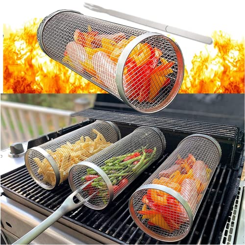 Rolling Grillkorb Zylindrischer Grillkorb Edelstahl mit Grillgabel, BBQ Grillrolle Grill Korb Grill Rack Grillen von Gemüse, Fisch, Fleisch Grillkorb Zylinder (1Stück, S (20CM)) von Topaliving