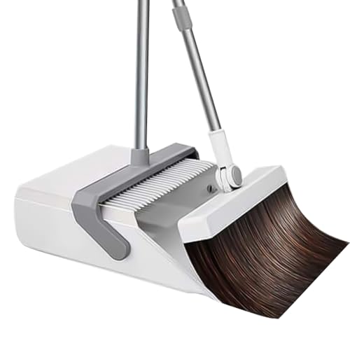 Besen und Kehrschaufel Set, Kehrgarnitur mit Langem Stiel, Broom and Windproof Dustpan with Adjustable Handle, für Haus, Büro, Lobbykehr (Weiß) von Topbashgo