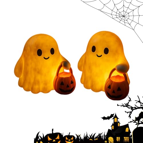 Kürbis Deko, 2025 New Halloween Deko Innen, mit LED Kerzen Geister Nachtlicht Leuchtende Ghost Ornament für Party Tischdeko (2pcs) von Topbashgo