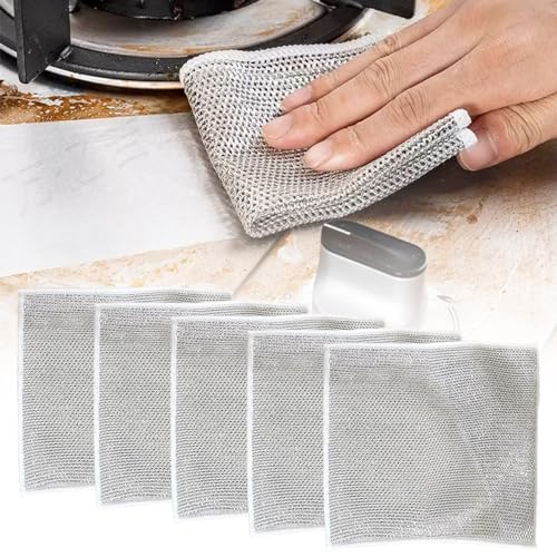 Topbashgo Mehrzweck-Geschirrspüllappen aus Draht für Nass und Trocken, Geschirrspüllappen aus Draht, Schrubbpads aus Metall mit Schwamm, Sauber für das Kochfeld in der Küche zu Hause (5pcs) von Topbashgo