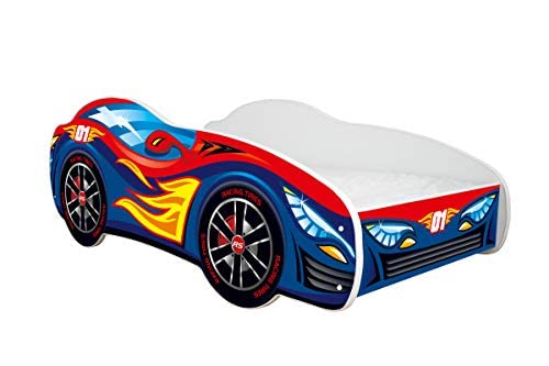 Topbeds Autobett, Auto-Bett, Kinderbett mit Rausfallschutz, Jugendbett, Babybett mit Lattenrost für Jungen & Mädchen, Racing Car (Red Blue Car, 140x70 cm) von Topbeds