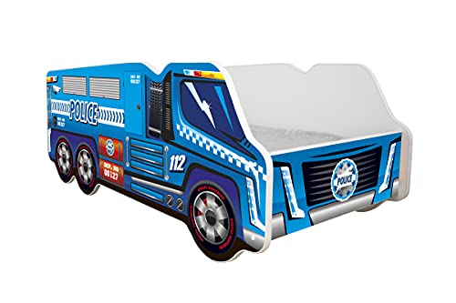 Topbeds Kinderbett Truck 140x70 cm, Polizei, mit Schaumstoffmatratze, Buchenholzrahmen, strapazierfähige Konstruktion, sicher, komfortabel, einzigartiges Design von Topbeds