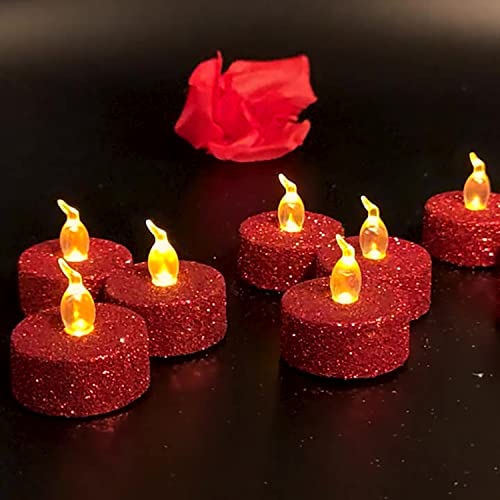 12 Stück Glitzer-flammenlose Teelichter, warmweiße Lampe, Teelichter, batteriebetriebenes LED-Licht, elektrische künstliche Kerzen für Hochzeiten, Feiern, Partys, Geschenke und Festivals, Feiern (rot) von TOPCHANCES
