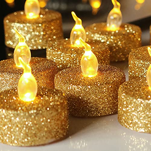 TOPCHANCES 12 Stück glitzernde flammenlose Teelichter, warmweiße Lampe, Teelichter, batteriebetrieben, LED-Licht, elektrische künstliche Kerzen von TOPCHANCES