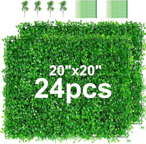 TOPDEEP 24 Stück 20X20Inch künstliche Buchsbaumplatten, UV-geschützt Graswandpaneele, Künstliches Gras Panel für Outdoor, Garten, Zaun, Hinterhof, Graswand-Hintergrund (Lichtgrün) von Topdeep