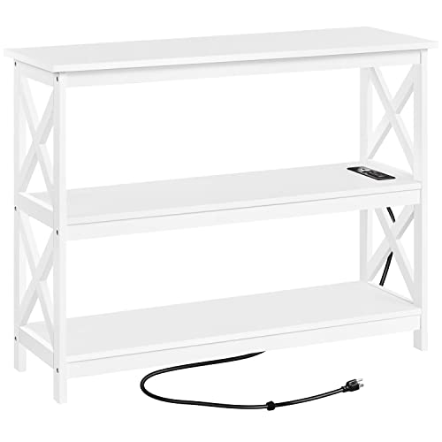 Topeakmart Konsolentisch mit 2 Ausgängen und 2 USB-Anschlüssen, 3-stöckiger Eingangstisch mit Holzrahmen & X-förmigem Design, Sofatisch schmal lang für Wohnzimmer/Flur/Schlafzimmer, Weiß von Topeakmart