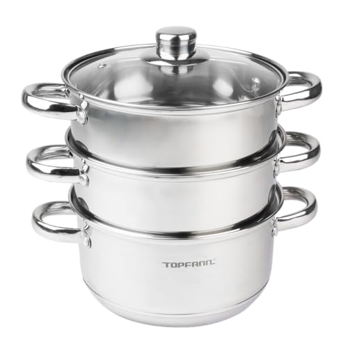 TOPFANN Dampfgarer, Suppentopf Steamer 3-stufig, Ø20 cm mit zwei Dampfeinsätzen, Dampfkochtopf Mit Glasdeckel, Innenskalierung, Induktion, spülmaschinengeeignet, Hochwertiger Edelstahl, Kochtopf von Topfann