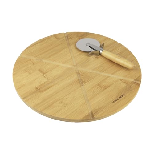 Topfann Pizza Teller bambus mit Pizza Schneider aus edelstahl | Maße: ø32 cm, Stärke: 1.2cm | Pizzateller Bambus mit Rillen | Holzteller für Pizza | Pizzabrett runde | Schneidebrett aus Holz von Topfann