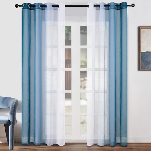 Farbverlauf vorhänge Türkis-Weiss Gardinen Transparent mit Ösen in Leinenoptik Voile Gardinen Schals Ösenschal Fensterschal für Wohnzimmer Gardine Modern 2er Set 140x240 cm von Topfinel