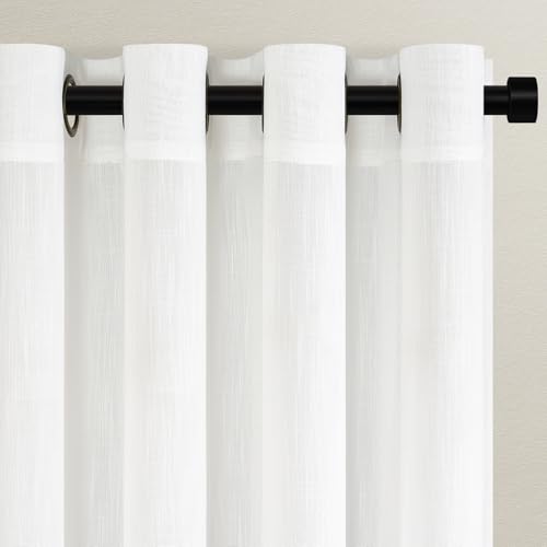 Topfinel 1 Stücke Leinen Gardinen Wohnzimmer Gardinen Halbtransparent Voile Vorhänge mit Ösen Hell Vorhang Weiß 300x260cm Schlaufenschal von Topfinel