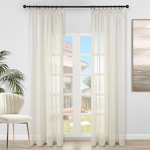 Topfinel 2er Set 140x200cm (BxH) Gardinen mit Kräuselband Vorhang Vorhänge transparent für Wohnzimmer Schlafzimmer Fenster Gardine Beige von Topfinel