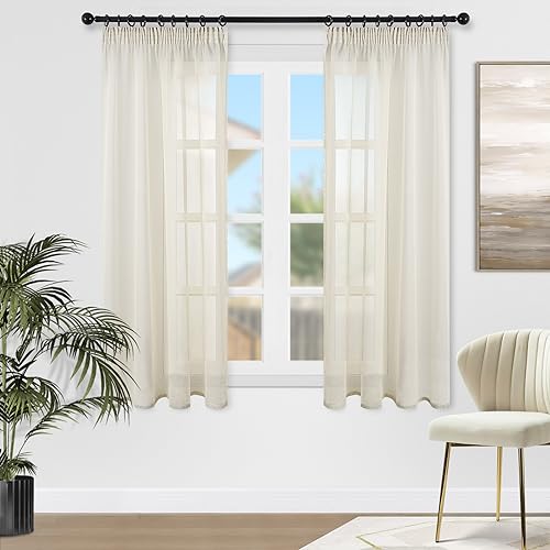 Topfinel Gardinen Kräuselband Vorhänge BeigeTransparent Vorhang Kurz Transparent Schlaufenschals 2er Set 145 x 140cm (HxB) Gardine Wohnzimmer Curtains for Living Room von Topfinel