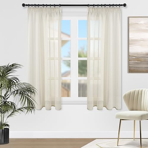 Topfinel Gardinen Kräuselband Vorhänge BeigeTransparent Vorhang Kurz Transparent Schlaufenschals 2er Set 145 x 140cm (HxB) Gardine Wohnzimmer Curtains for Living Room von Topfinel