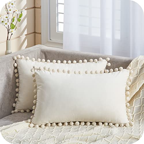 Topfinel Kissenbezug 30x50 cm Sahne 2er Set Samt Boho Deko mit Pompoms Weihnachten Kissenbezüge Dekorative Kissenhülle Kopfkissen Sitzkissen Dekokissen Couchkisen für Sofa Schlafzimmer Büro Auto von Topfinel