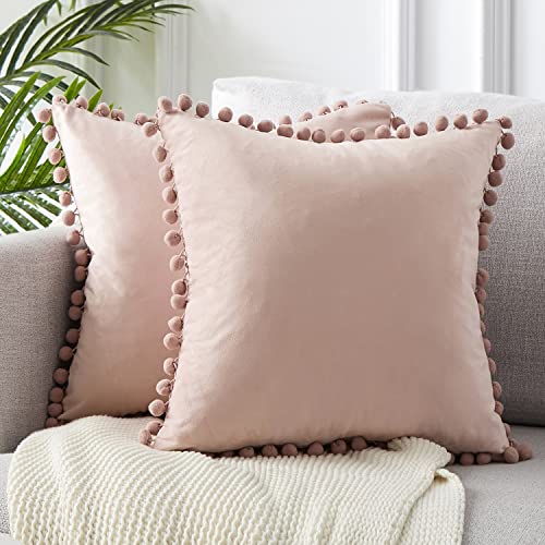 Topfinel 2er Set Samt Kissen mit Pompoms Einfarbig Weihnachten Kissenbezüge Dekorative Kissenhülle Kopfkissen Sitzkissen Dekokissen Couchkisen für Sofa Schlafzimmer Büro Auto 35X35cm Pink von Topfinel