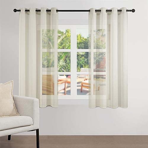 Topfinel Gardinen Beige Vorhang Halbtransparent Ösen Vorhänge Leinenoptik Gardine Schals Kurzstore Ösengardinen 2er Set 140x145 cm Deko für Küche, Flur, Klassenzimmer, Sheer Curtains Transparent von Topfinel