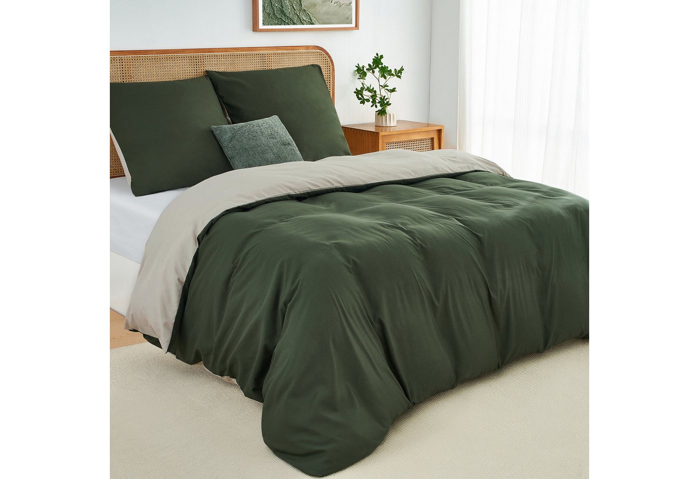 Topfinel Bettwäsche 135x200cm, Seersucker Bettwäsche-Sets, bügelfrei, allergiker, kühlende, 100% Mikrofaser, 3 teilig, 3-tlg. Olivgrün/Beige:1 Btz. 240x220+2 Ktz. 80x80, m. Reißvers. von Topfinel