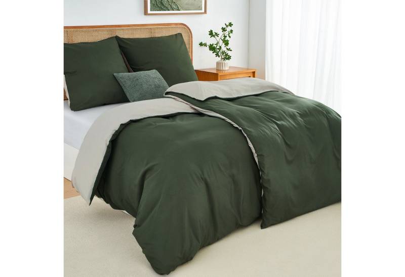 Topfinel Bettwäsche 135x200cm, Seersucker Bettwäsche-Sets, bügelfrei, allergiker, kühlende, 100% Mikrofaser, 4 teilig, 4-tlg. Olivgrün/Beige:2 Btz. 135x200+2 Ktz. 80x80, m. Reißvers. von Topfinel